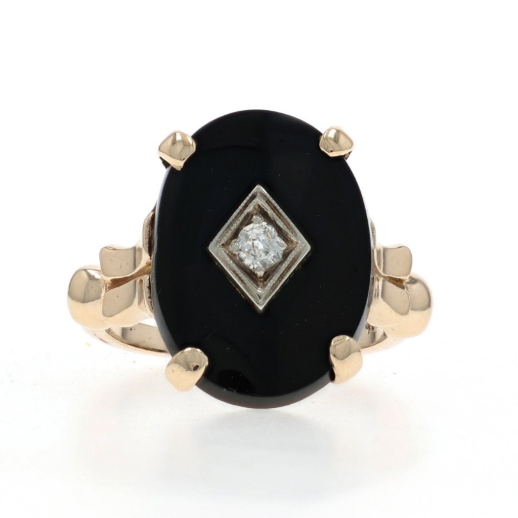 Yellow Gold Onyx Diamond Art Deco Ring  10k Oval Cabochon Vintage